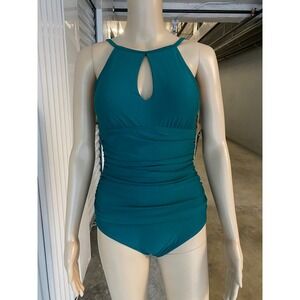 ELLEN TRACY One Piece Swimsuit Green Ruched Tummy Control Halter Keyhole 6